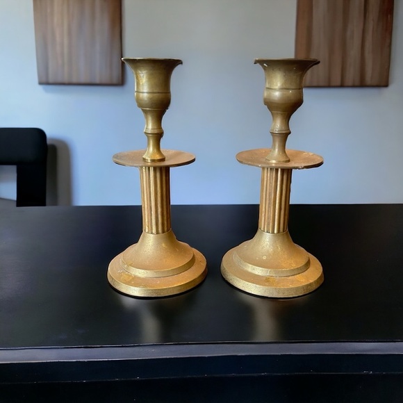 Set of Two Enesco Vintage Solid Brass Candleholders 6" India Patina - Picture 1 of 16